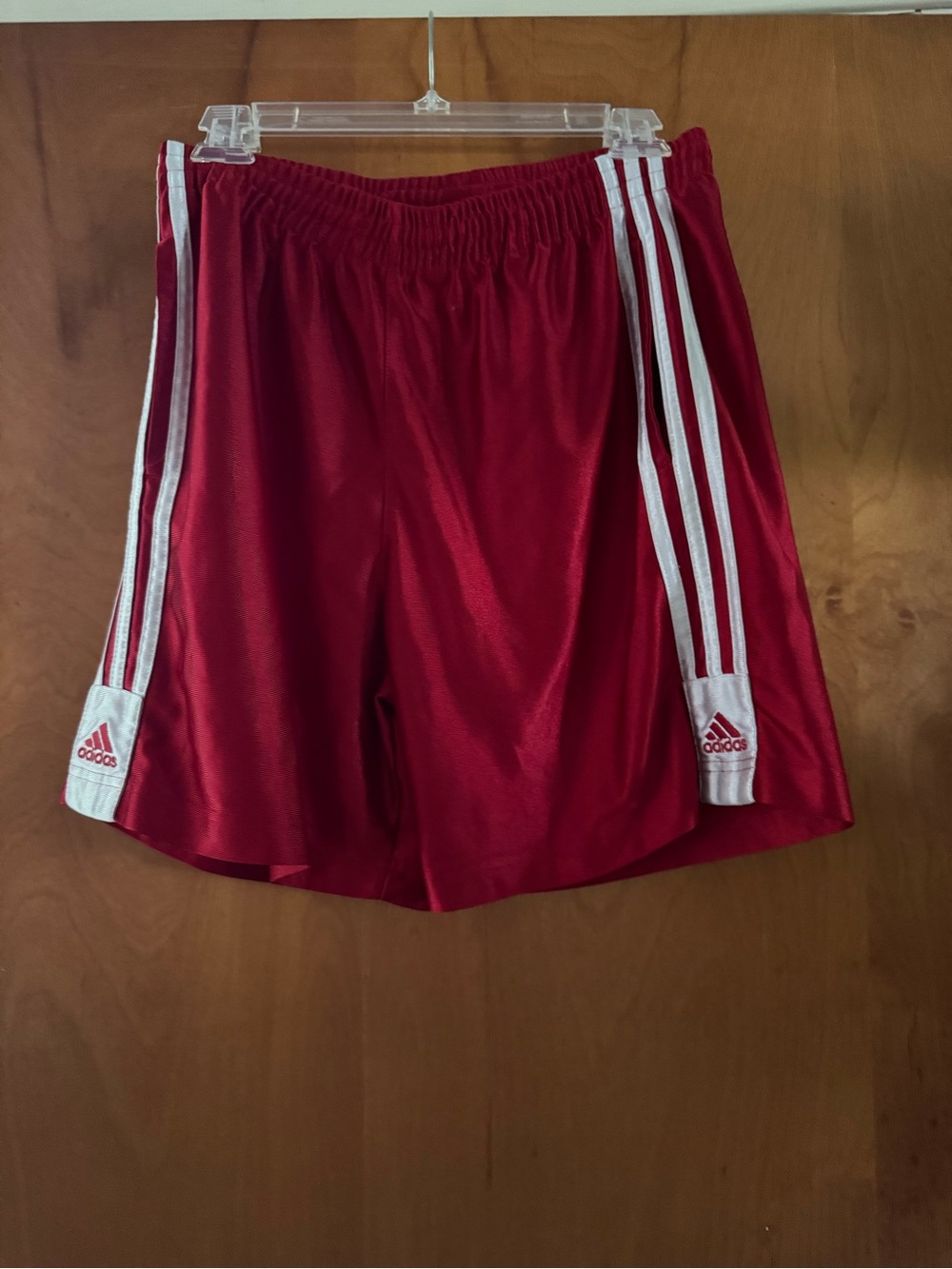 adidas Men’s Red Athletic Shorts with White Three-Stripe Detail